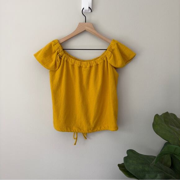 Madewell Texture & Thread Off The Shoulder Top Button Front Tie Waist Yellow EUC - Picture 2 of 7